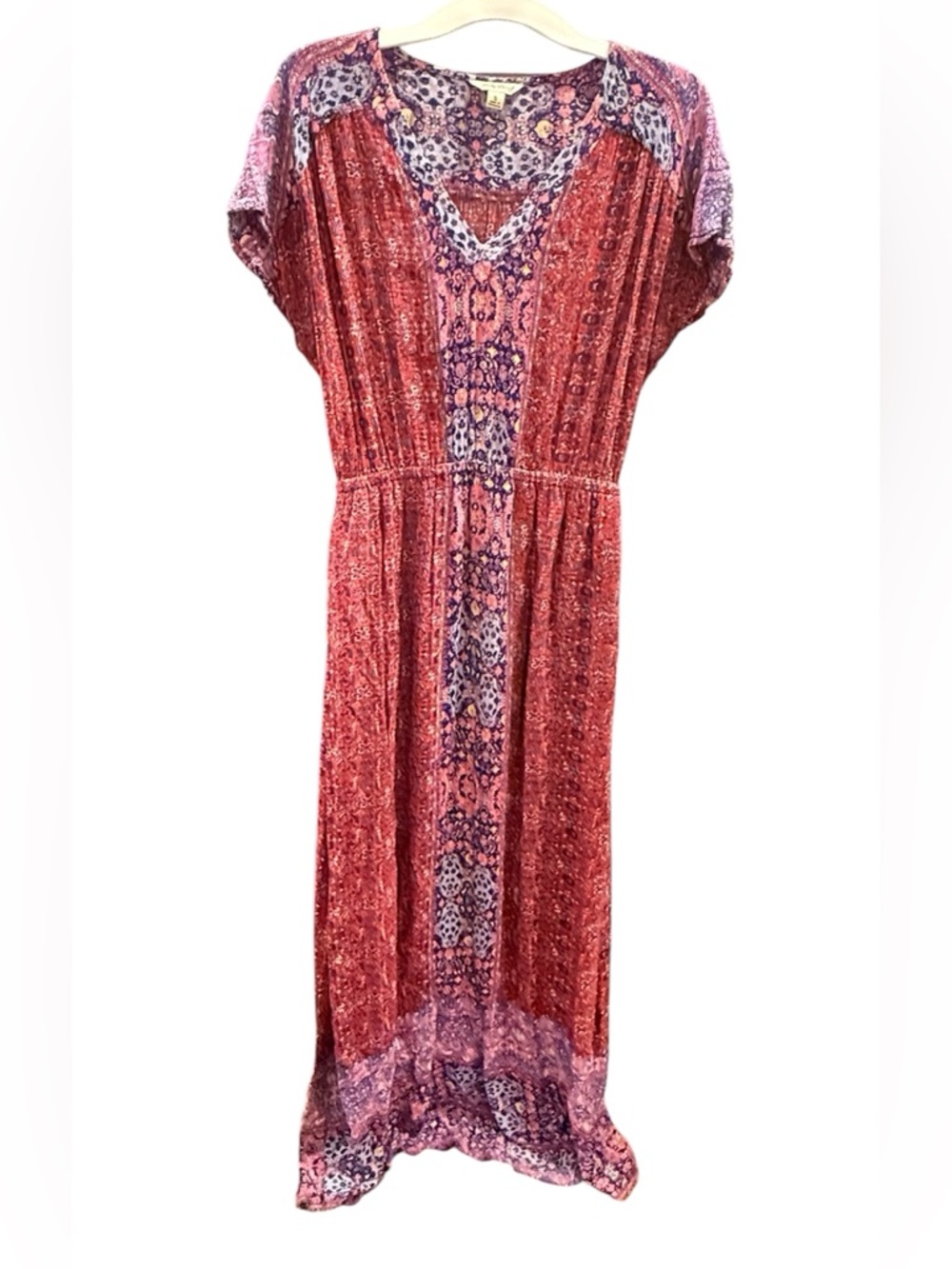 Lucky Brand Red and Purple Boho Maxi Dress side pockets size S